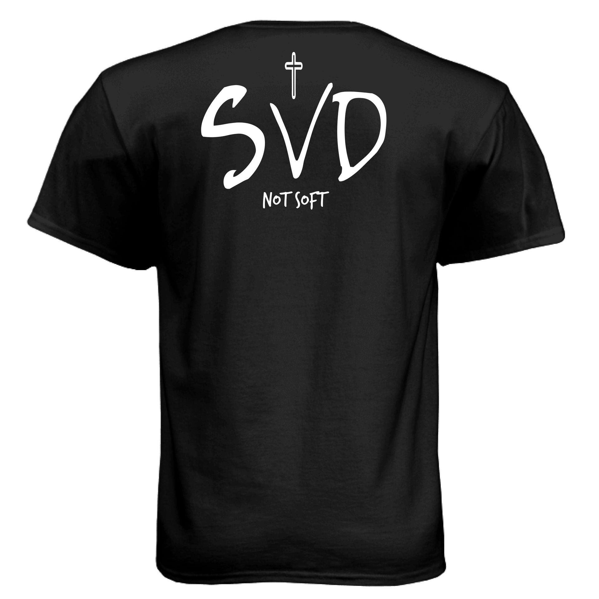 Back view of SVD - Saved Not Soft men's tee featuring a cross and bold lettering.